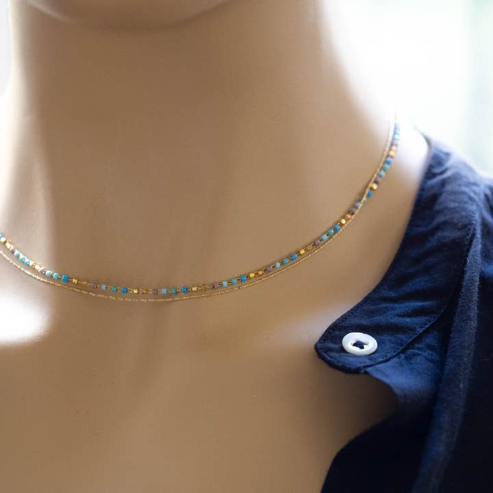 Ultra fine, elegant, minimalist, delicate double necklace/designer jewelry/fine gold plated chain, Japanese glass beads for wholesale by Atelier Vivienne