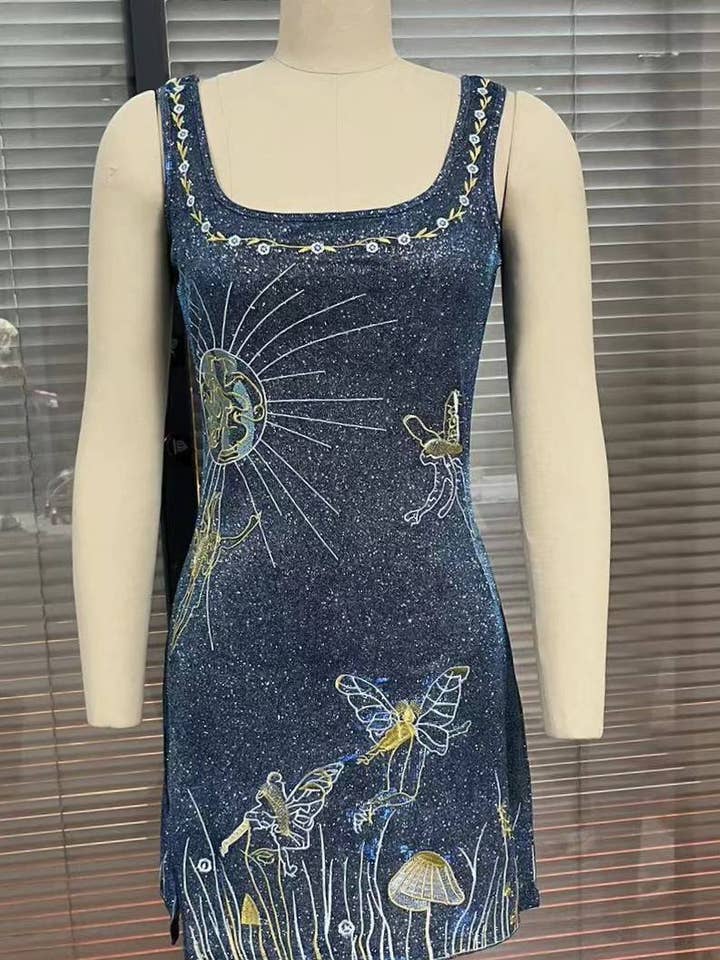 Blue Sun Goddess Fairy Embroidered Crystal Strap Mini Dress for wholesale on Faire
