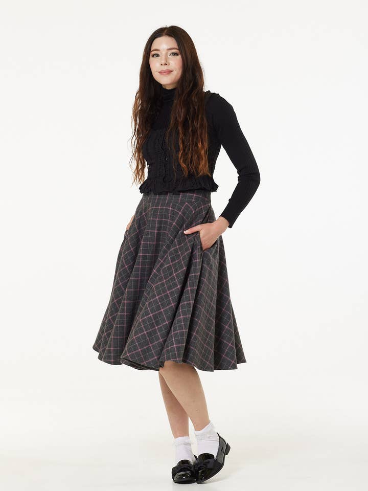 Sophie Grey & Pink Woollen Check Tartan Midi Swing Skirt for wholesale by Timeless London