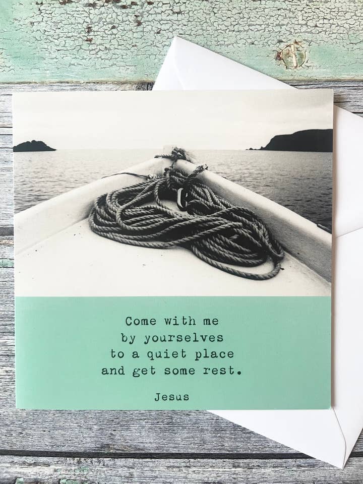 Carte de vœux d'un lieu tranquille du verset biblique chrétien Marc 6 pour la vente par Fieldnote