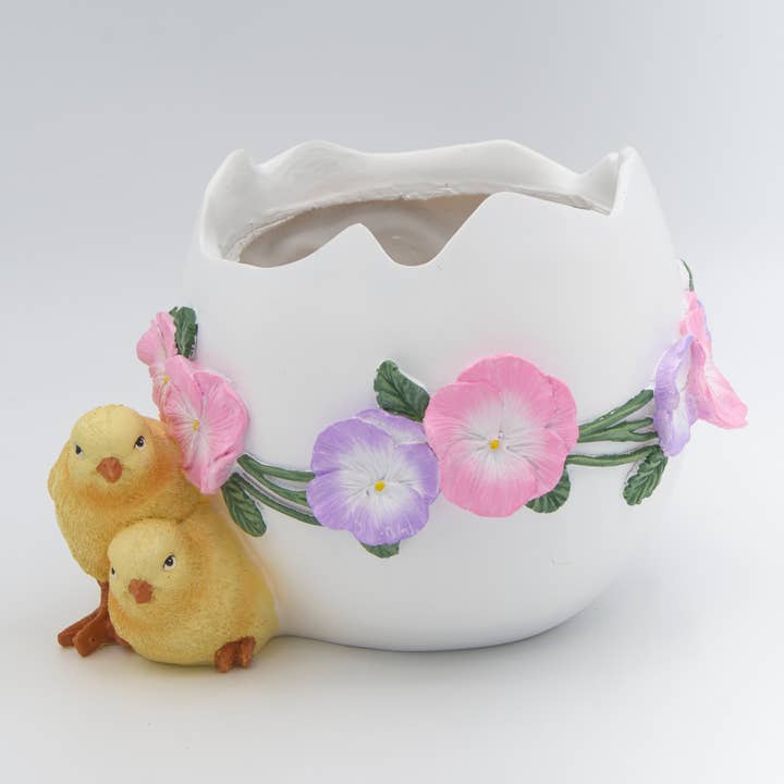 Jardinière en forme d'œuf de 5,5" avec poussins, décoration printanière en résine pour la vente par Roman