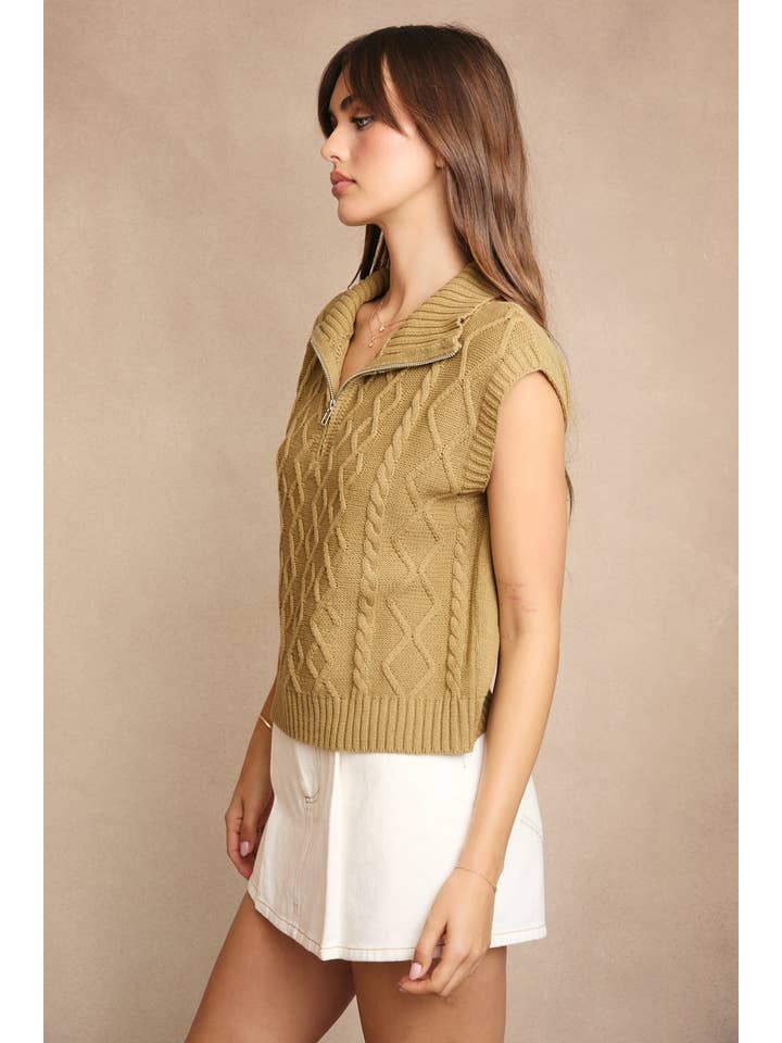 LE LIS - Wholesale Knit Sweater - Women's - HALF ZIPPER SLEEVELESS CABLE SWEATER TOP4