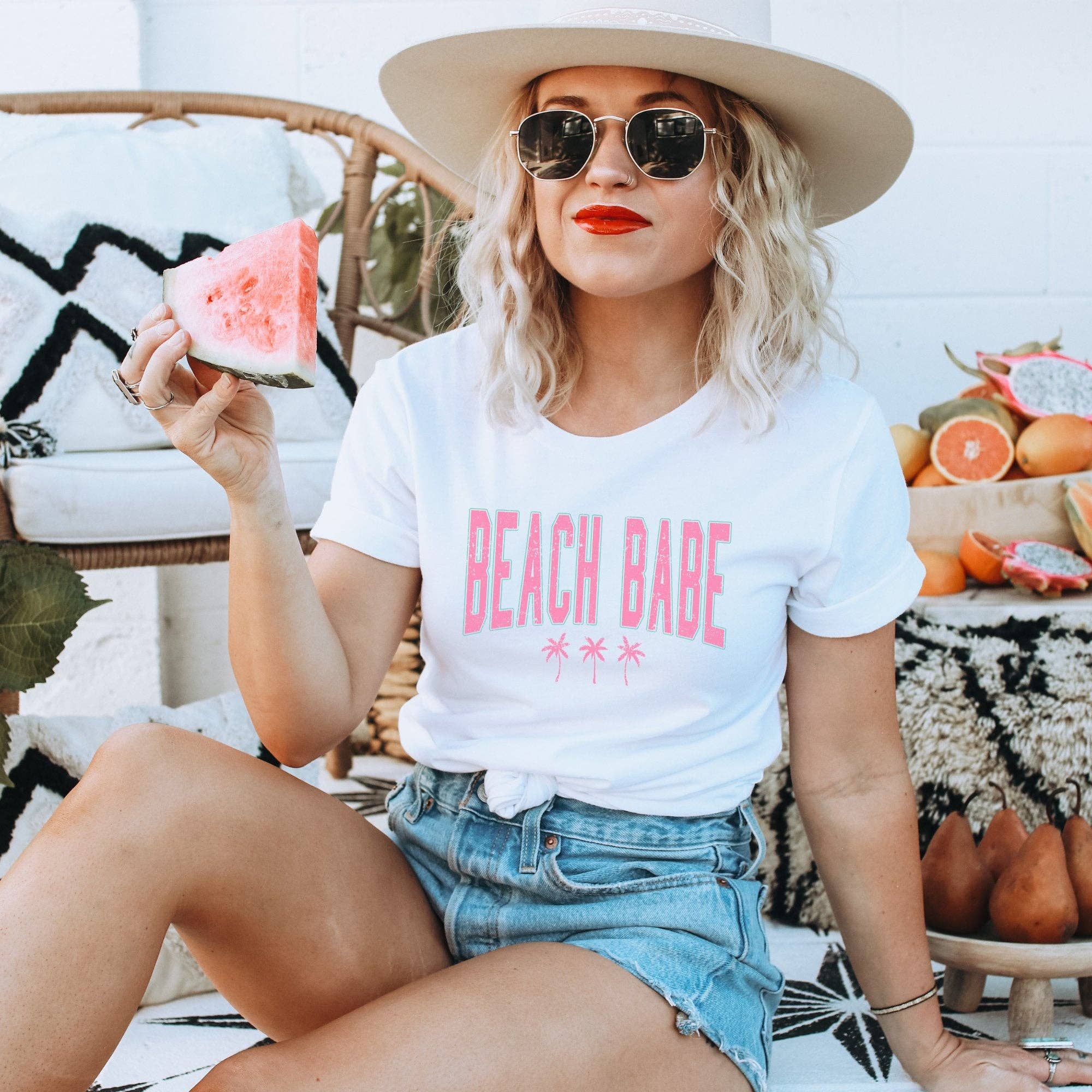 Trendznmore - Modern Graphic Apparel - Wholesale Screen Printed T-Shirt - Women's - Beach Babe Pink/Turquoise Graphic Tee0