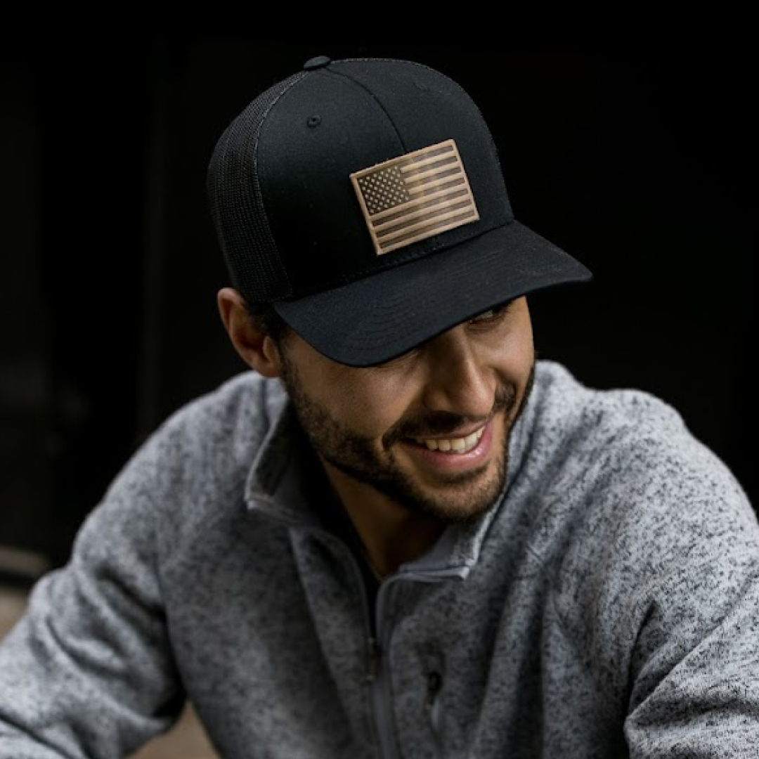 Range Leather Co. - Wholesale Trucker Hat - Unisex - American Flag Hat - Leather Patch Trucker Snapback8
