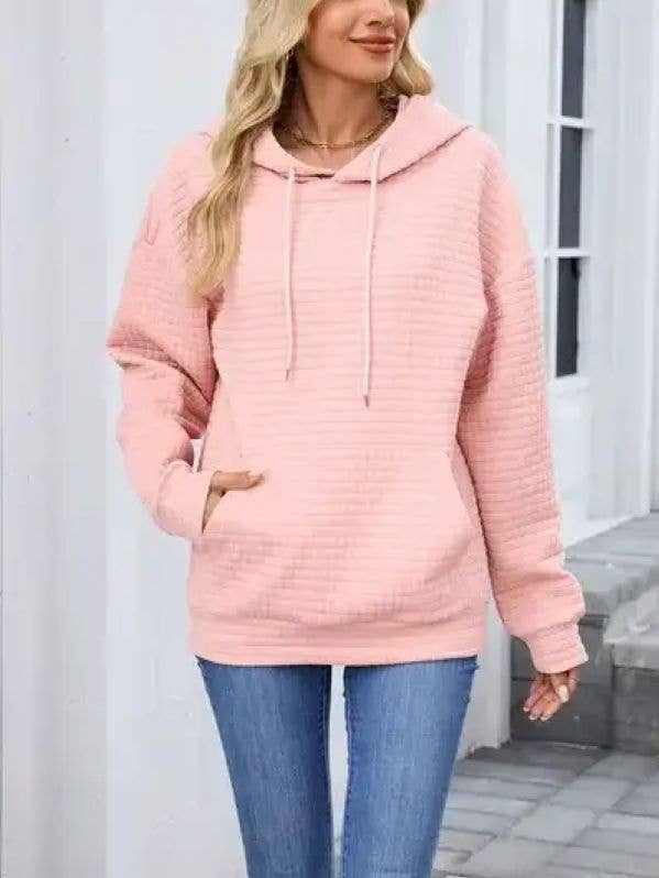 Pink Cozy Waffle Knit Hoodie | Oversized Pullover with Pocket for wholesale on Faire0