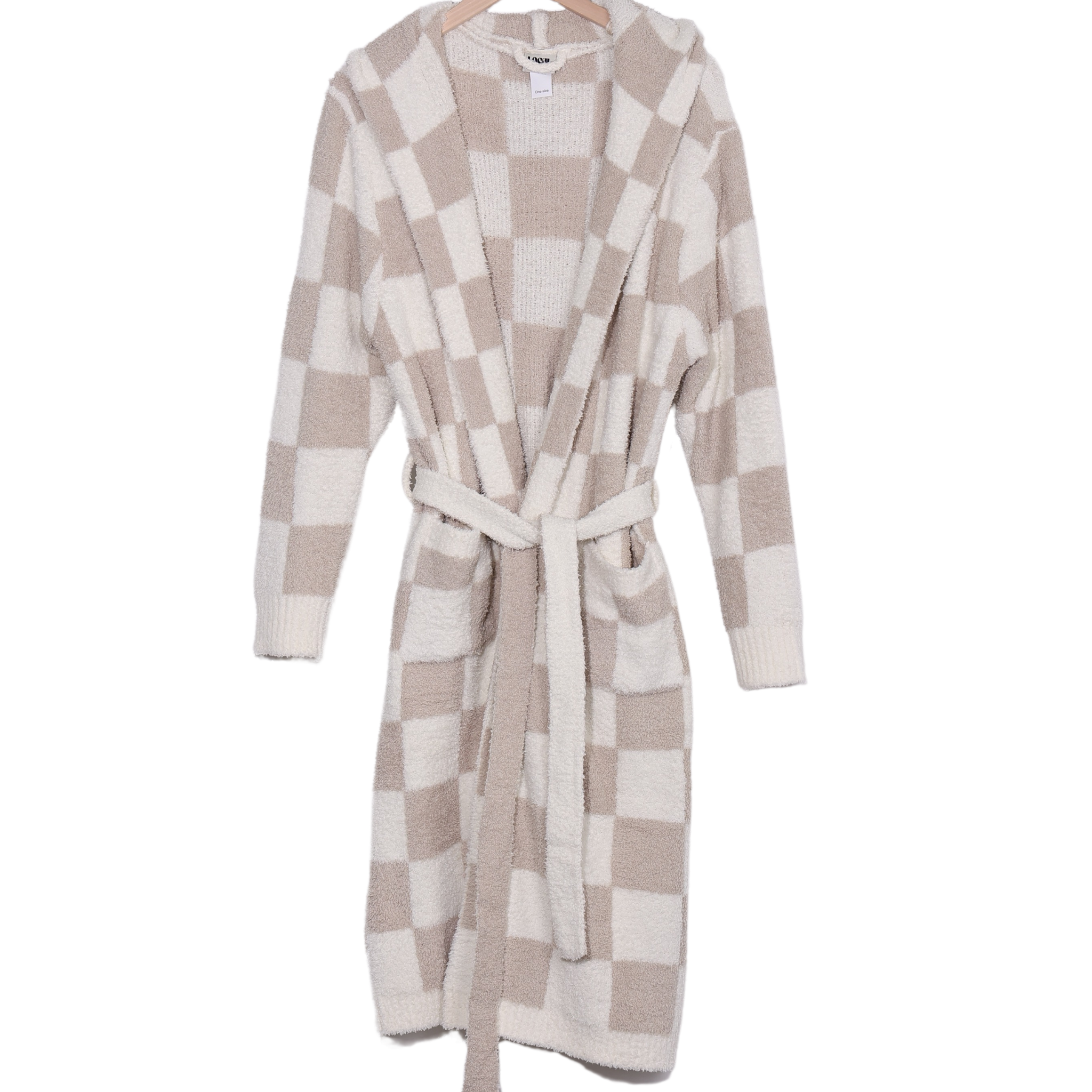 Black Cream New Hooded Checker Luxe Robe for wholesale on Faire13
