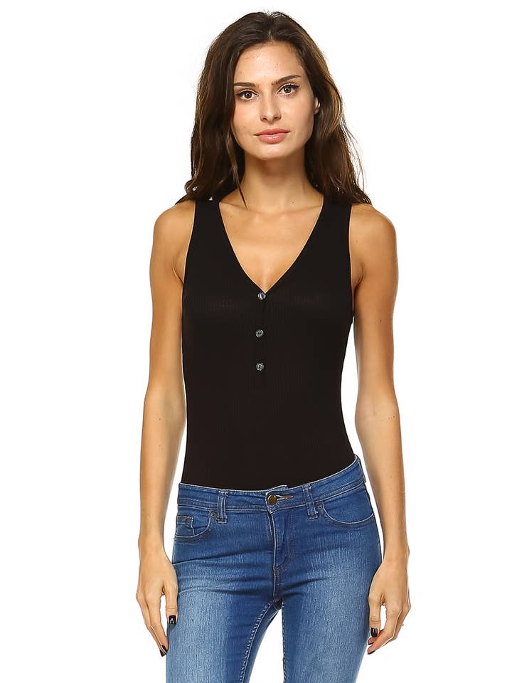 Soft Ribbed Sleeveless V neck Button Down Bodysuit tank-BLK for wholesale by Urban X Apparel