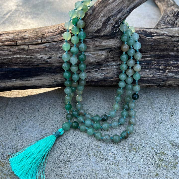 Lungta Imports - Wholesale Prayer Beads Necklace - Natural Green Aventurine Hand Knotted Mala, Rosary 108 Beads, Japa Mala, Meditation Mala, Mala Necklace, Free Silk Pouch