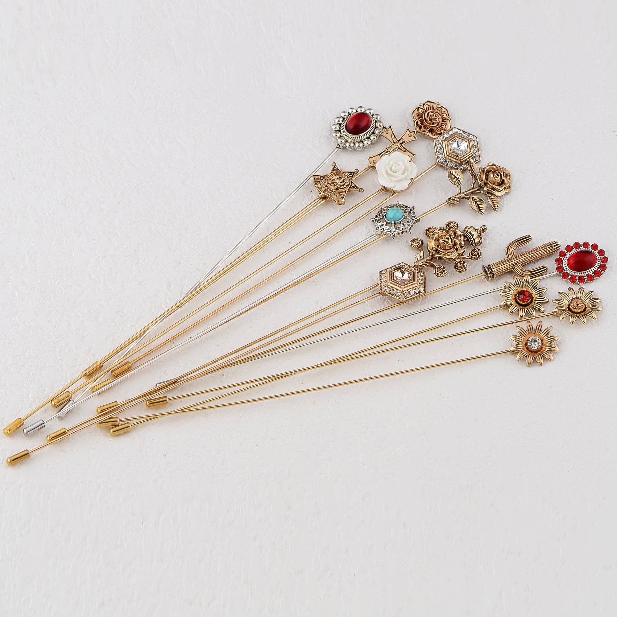 AK Brand - Wholesale Hat Accessory - Women's - Western Floral and Star Hat Pin 8 inch ling Scarf Pin15