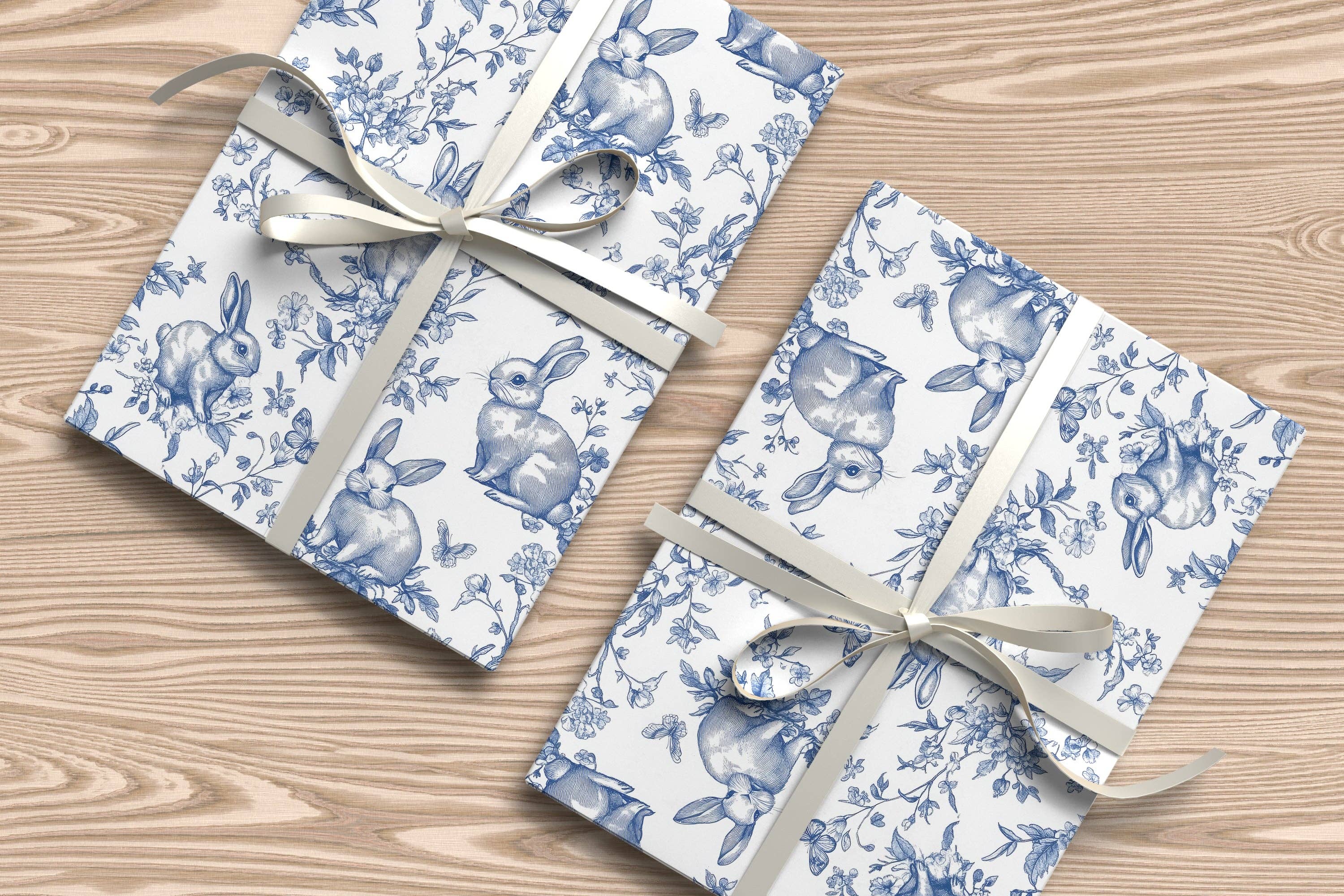 House of Binky – wholesale Flat wrap – Blue Floral Bunny Wrapping Paper – Peter Rabbit Style Gift Wrap with Vintage Woodland Illustration1