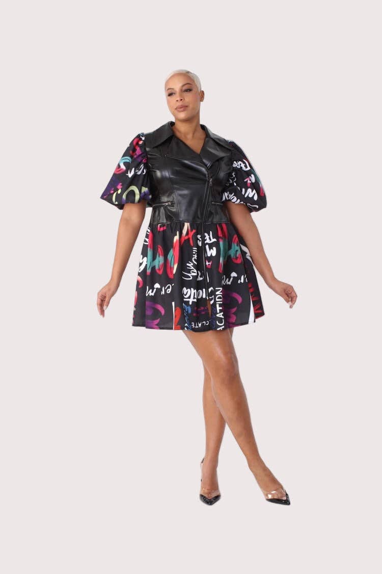 BLACK MULTI Leather Puff Sleeve Printed Dress -82035 for wholesale on Faire2