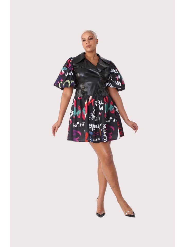 BLACK MULTI Leather Puff Sleeve Printed Dress -82035 for wholesale on Faire2