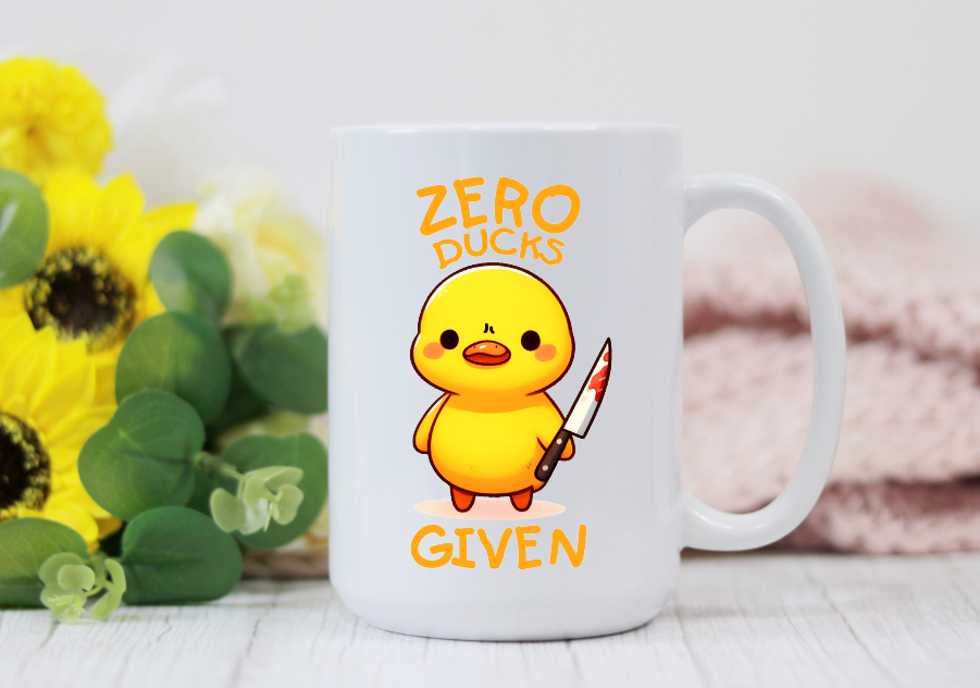Prairie Chicken Sticker Shop & Gifts - Wholesale Coffee Mug - Zero Ducks Given Silly Yellow Duck 15oz Coffee Mug   1