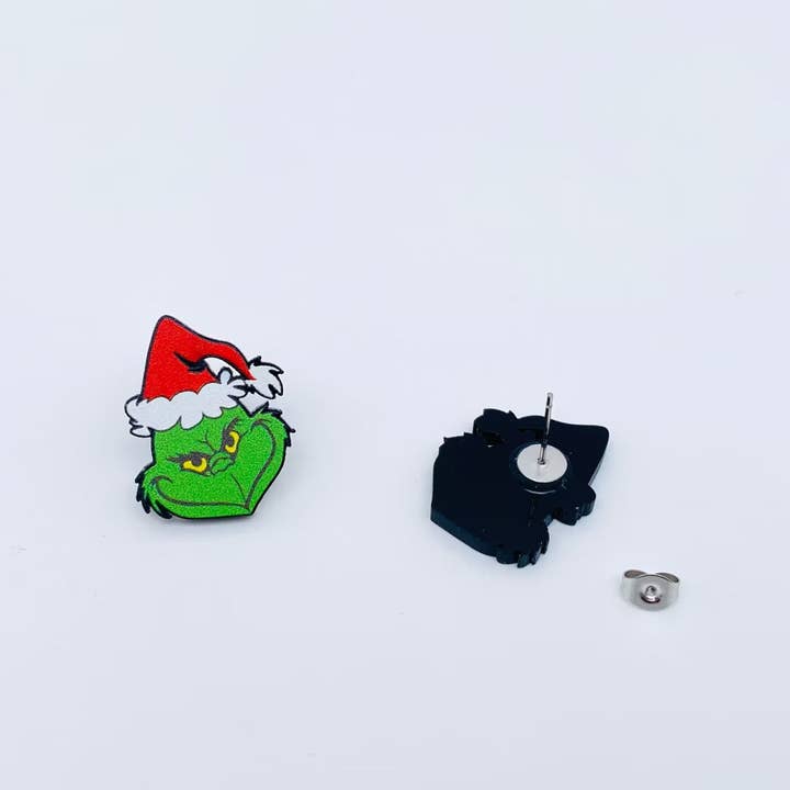 Mio Queena - Wholesale Stud/Post Earrings - Grinch with Christmas Hat Acrylic Ear Studs
