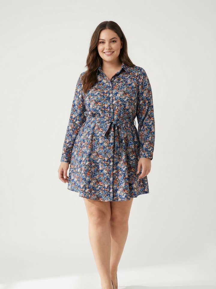 Blå mönstrad skjortklänning i stora storlekar (C6516) för wholesale av Pomme Rouge Paris