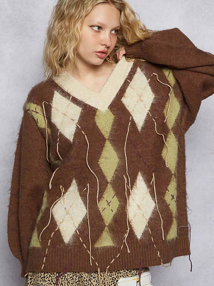 MOCHA POL V-Neck Argyle Pattern Mohair Sweater with Contrast Exposed Stitch Detail for wholesale on Faire11
