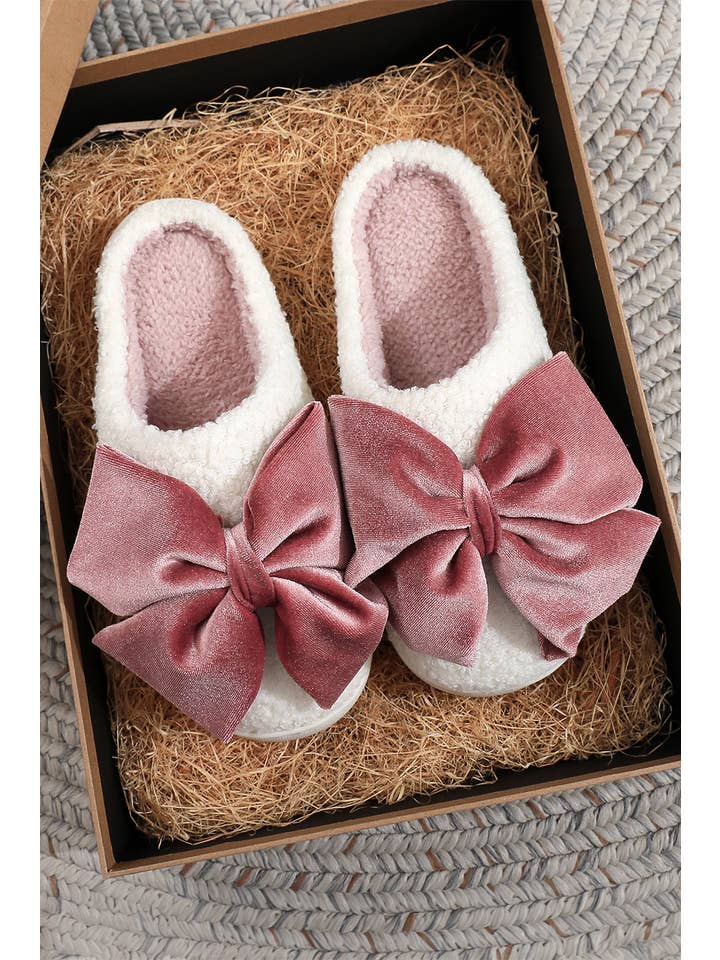 As shown Pink Bow Decor Festival Plush Slippers | US6-11 for wholesale on Faire1