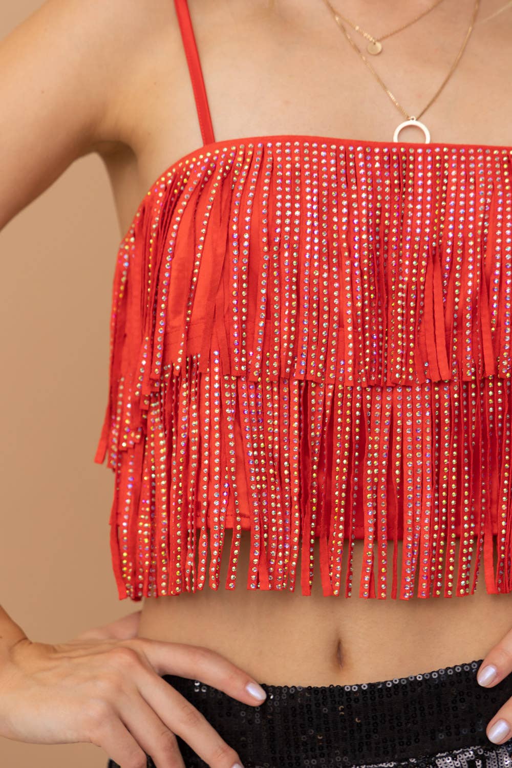 RED 32247T - Satin Base Studded Tiered Fringe Cami Top for wholesale on Faire5