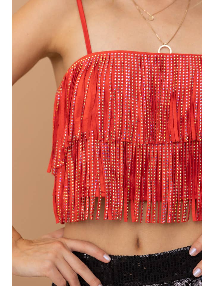 RED 32247T - Satin Base Studded Tiered Fringe Cami Top for wholesale on Faire5