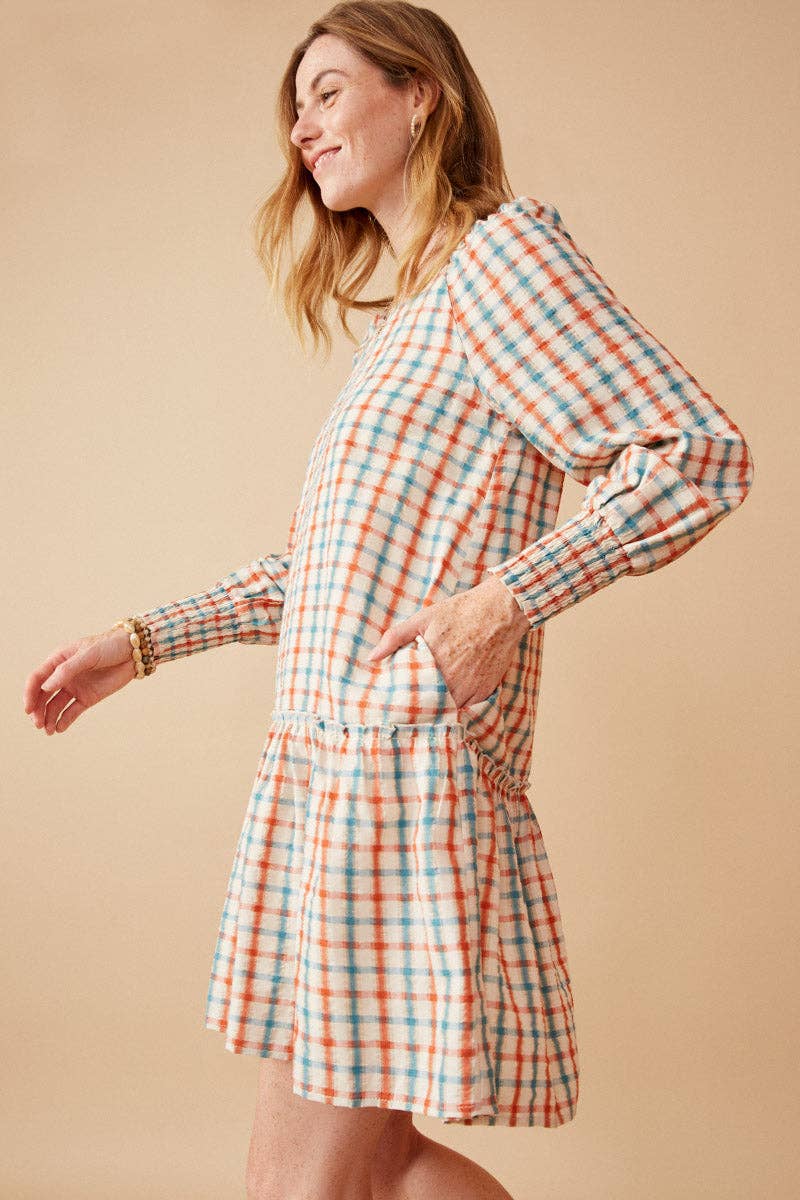 Rust Mix Womens Linen Blend Textured Smock Cuff Dress for wholesale on Faire3