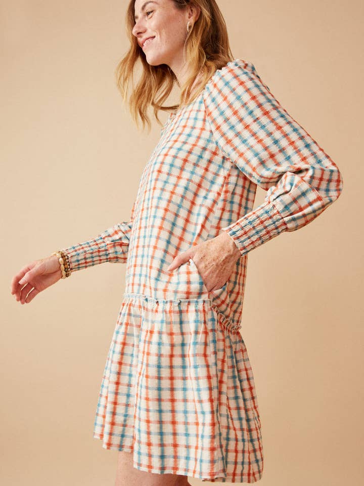 Rust Mix Womens Linen Blend Textured Smock Cuff Dress for wholesale on Faire3