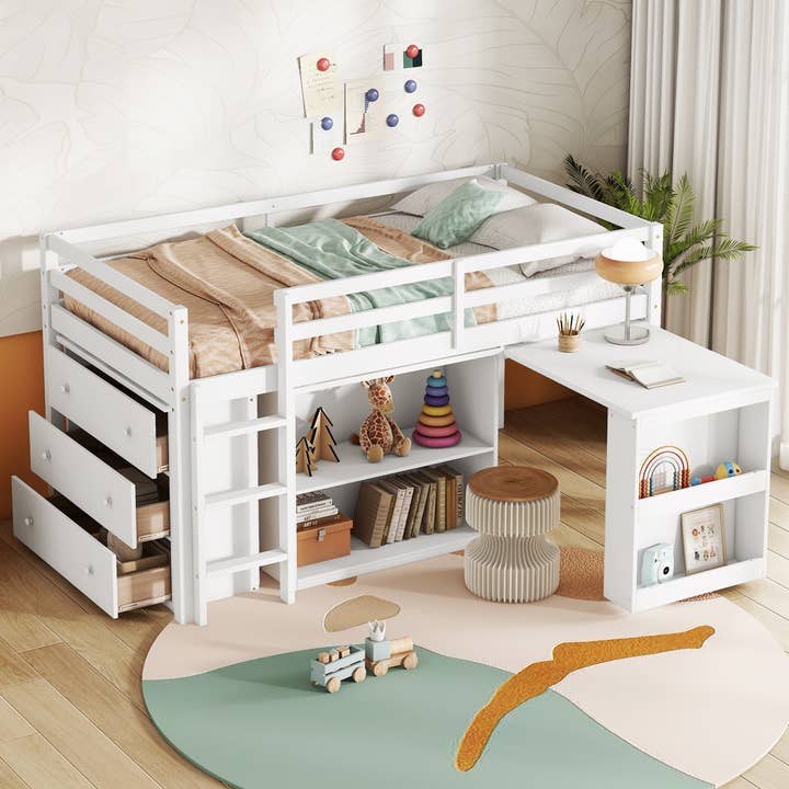 39F Inc. - Wholesale Bed - Kids & Baby - Twin Loft Bed with Storage, Drawers & Pull-Out Desk, White2