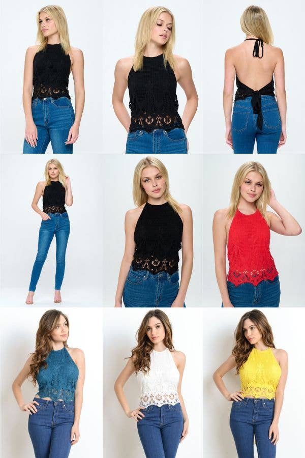 Hesperus - Wholesale Blouse - Women's - SLEEVELESS LACE HALTER RIBBON TOP WITH LINING18