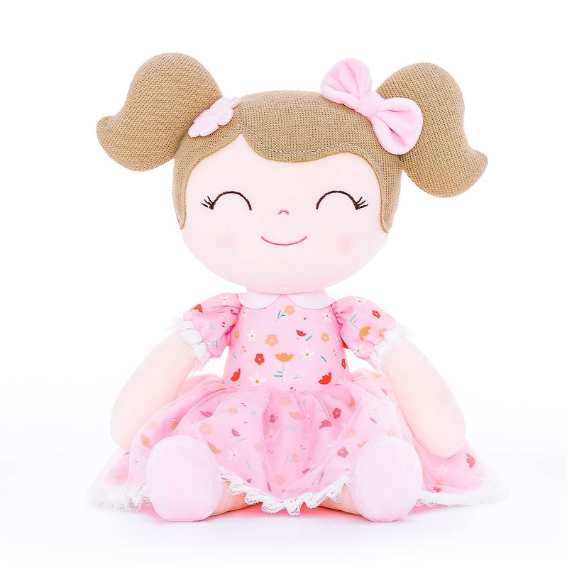 Tiny Tots Boutique – Engroshandel Dukke - Børn – Lyserød blomsterplysdukke med lysebrunt hår0