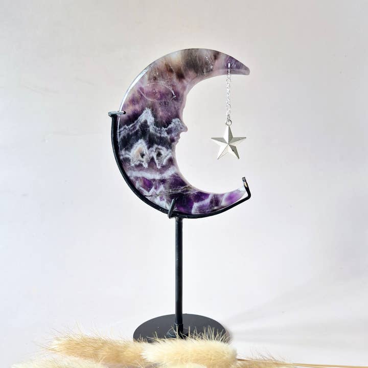Moonlight Gemstones - Wholesale Decorative Tabletop Object - Dream Amethyst Moon on Stand – 10cm #34 - Gemstone Face Engraving Spiritual Interior