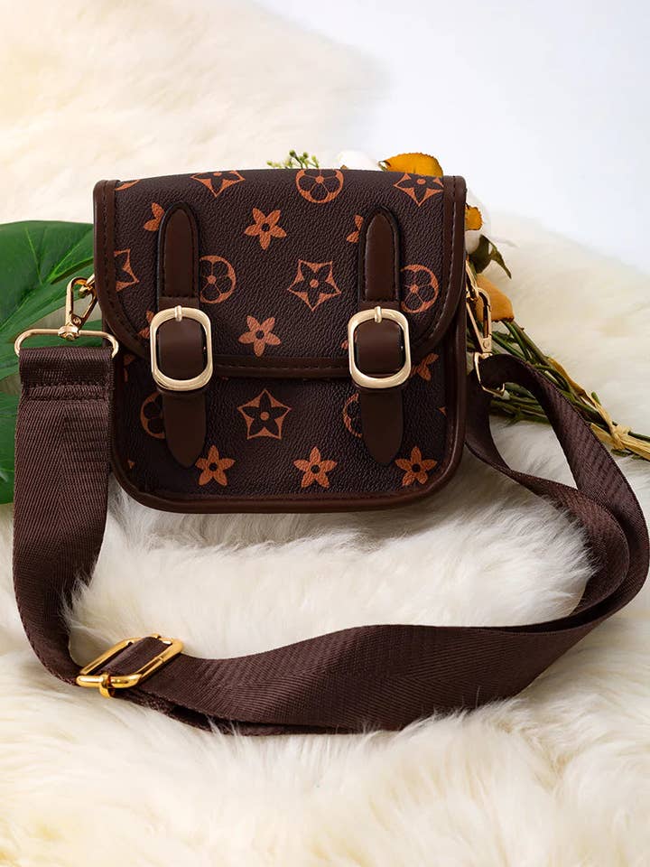 Brown 2 Buckle mini purse with wide strap. BBG40055 for wholesale by Kids Charm Online