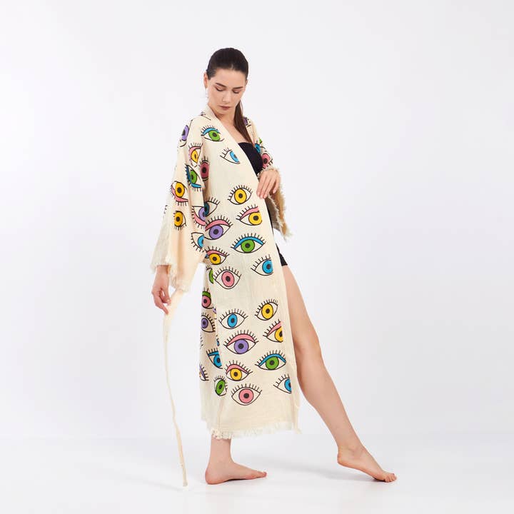 Yaz Concepts - Wholesale Kimono - Dames - Turkse badjas met kleurrijk oogmotief, festival kimono kaftan7