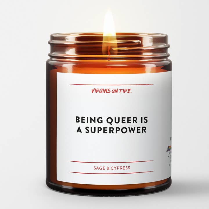 Virgins On Fire Candle Co. - Wholesale Jar/Filled Candle - 🌈 BEING QUEER IS A SUPERPOWER (Sage Cypress) LGBTQ Candle2