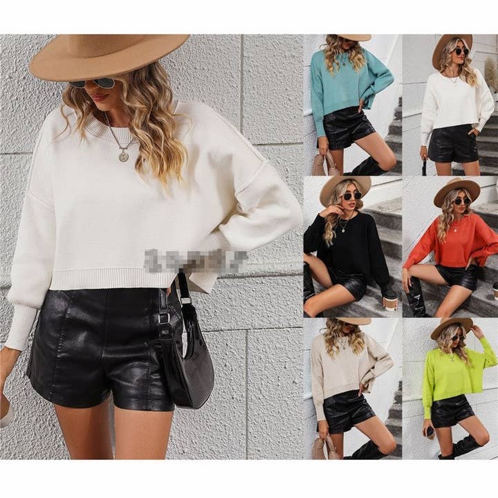 OceanusSwim - Wholesale Knit Sweater - Women's - Solid Color Crewneck Long Sleeves Short Pullover Casual Loose Sweater7