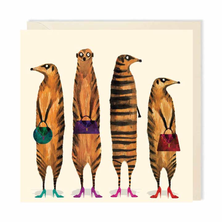 Meerkat Ladies With Handbags and High Heels Greeting Card for wholesale by Charley Rabbit Cards