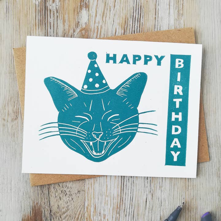 Handprinted linocut happy cat birthday folded card for wholesale by Winter Pickle Press