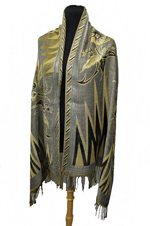 Cap Zone - Wholesale Scarf - Women's - Sharp Geometric Golden Shimmered Floral Pashminas4