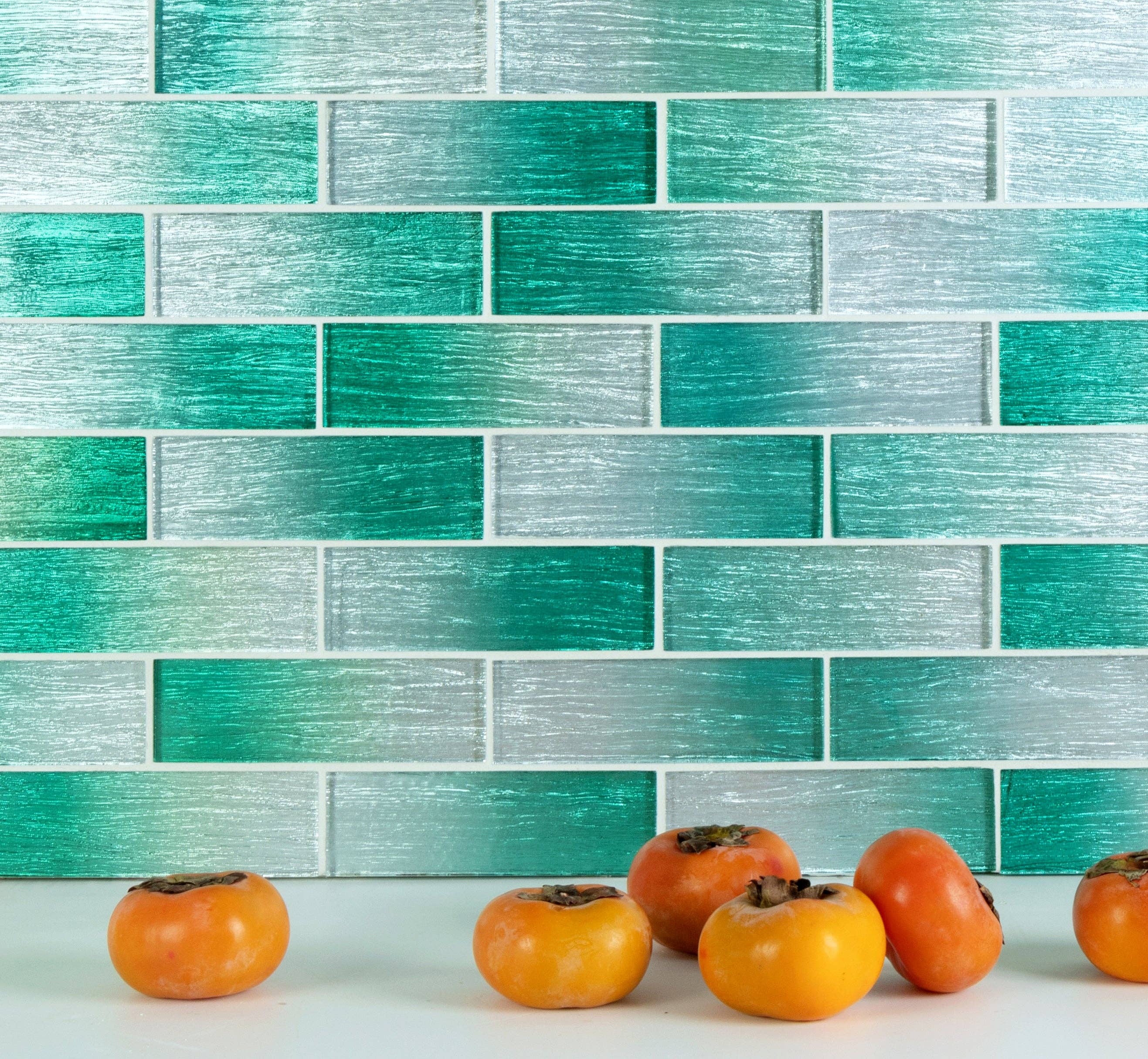 WS Tiles - Wholesale Wall Tile - 2" x 6" Foil Glass Mosaic Subway Tile, Backsplash for Kitchen and Bathroom - 5 Square Feet Per Carton - Foil Silver and Aqua Blue3