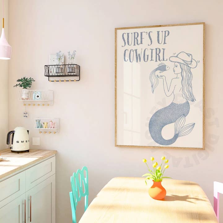 Mermaid Cowgirl Coastal Blue Wall Art Prints for wholesale by Honey Coast Print Co.