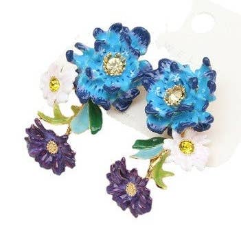 Orecchini a bottone smaltati fatti a mano con bouquet di fiordalisi blu Bustling Klein per la vendita all'ingrosso da parte di Exsito