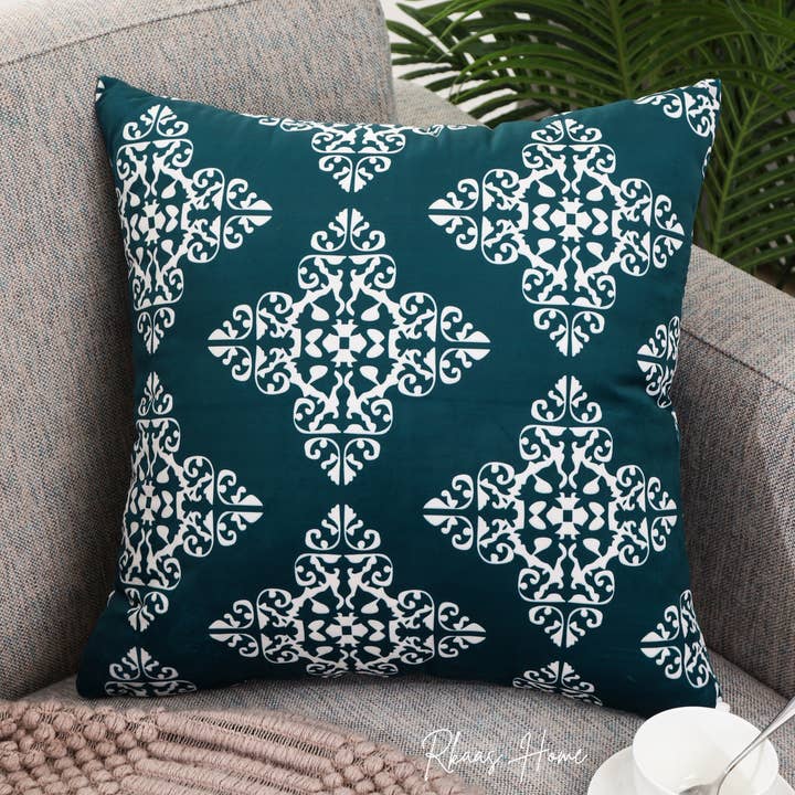 Designer Dutch Velvet Geometric Cushion Cover 45x45 cm (18 inches x 18 inches) - Blue for wholesale by RKAAS HOME