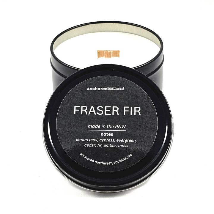 Fraser Fir Travel Size Travel Tin Soy Candle for wholesale by Anchored Northwest