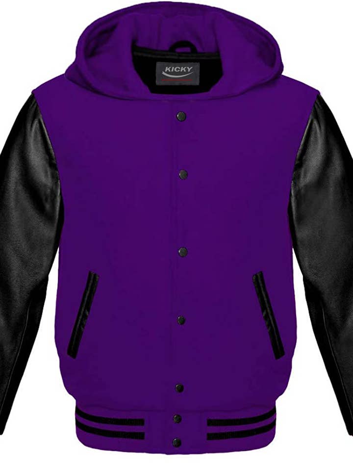 Varsity Letterman Baseball-Bomberjacke mit Kapuze, Violett/Schwarz für den Großhandel von Kicky Imports LLC