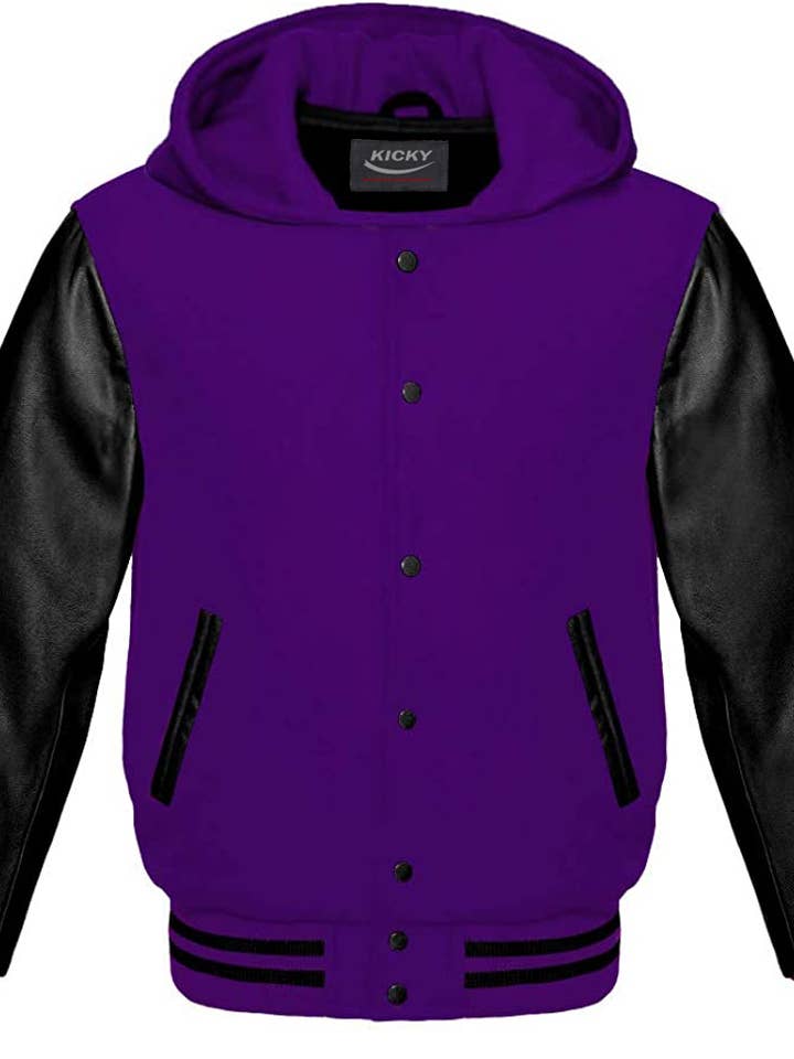 Hooded Varsity Letterman Baseball Bomber Jacket Purple Black for wholesale by Kicky Imports LLC