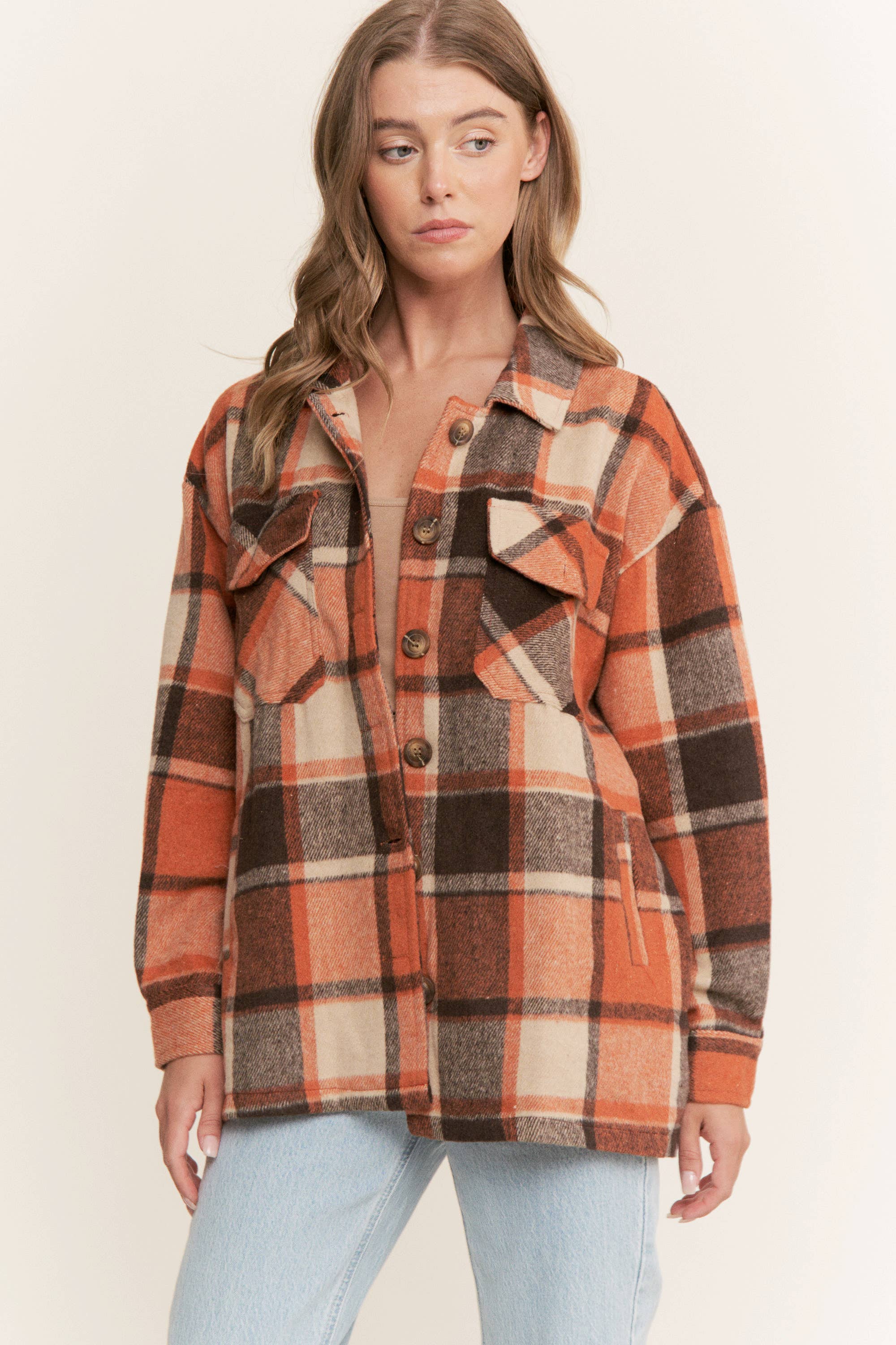 Sweet Generis - Wholesale Shirt Jacket/Shacket - Women's - FUZZY PLAID BUTTON DOWN FLANNEL SHIRT JACKET33