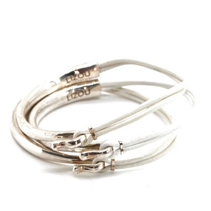 White Leather + Sterling Silver Plate Bangle Bracelet for wholesale by LIZOU