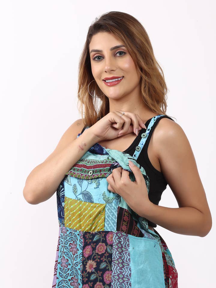 Wevez - Vente Combinaison – femme - Combinaison à jambes larges avec poches patchwork et motif floral pour femmes11