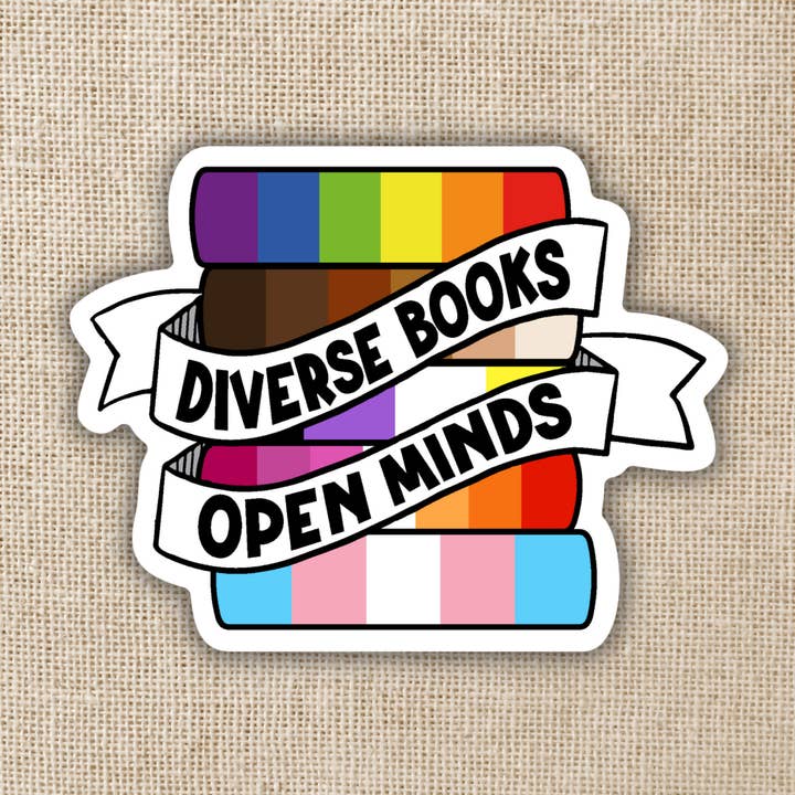 Diverse Books Open Minds Sticker for wholesale by Kingdom of Threads