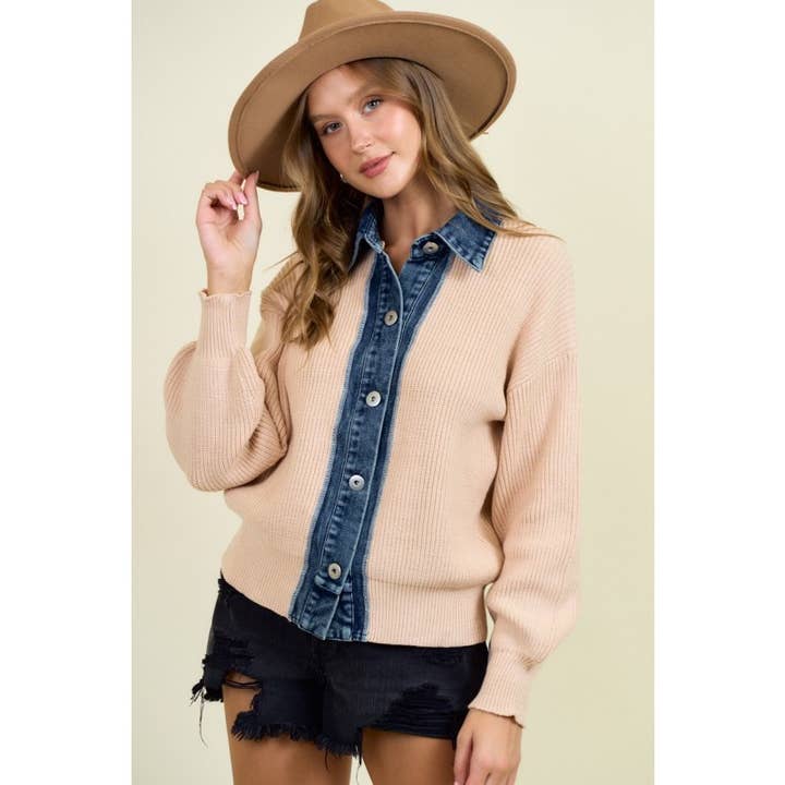 Denim Contrast Sweater Rib Long Sleeve Cardigan for wholesale by BNS