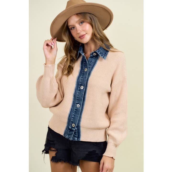 Denim Contrast Sweater Rib Long Sleeve Cardigan for wholesale by BNS