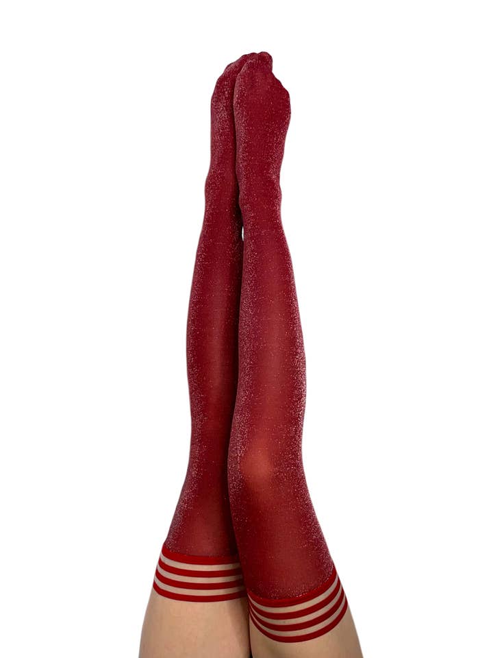 Kix'ies - Wholesale Stockings - Women's - Hosiery- Holly Red Opaque Sparkle Thigh-Highs Stockings